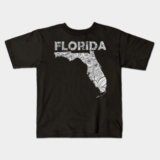 Mandala art map of Florida with text in white Kids T-Shirt